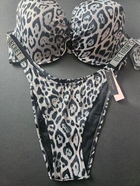 38D/XL VS Swim Bandeau Shine Strap Brazilian Bikini Set Gray Leopard